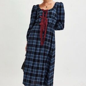Damson Madder Dakota plaid bow midi dress UK 16/ US 12